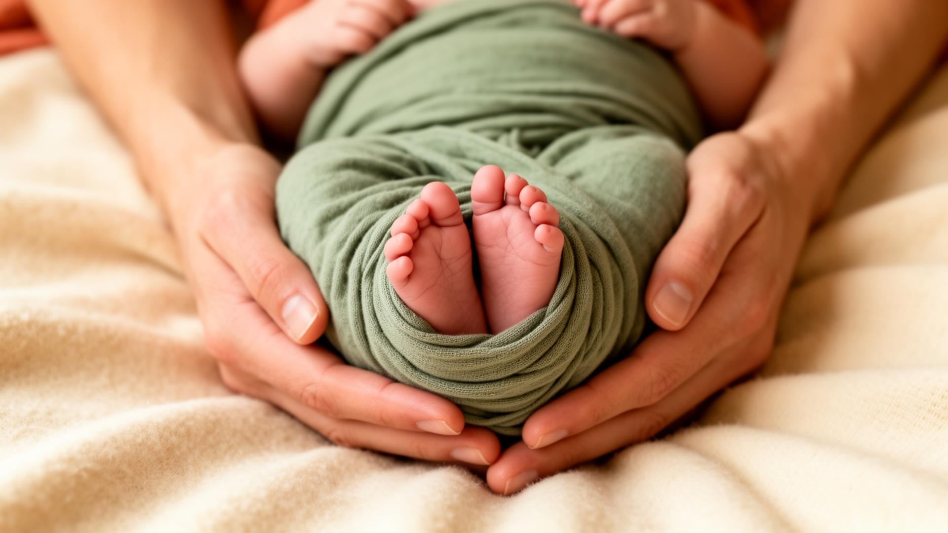 A newborn cradled in a parent's hands, wrapped in a sage muslin