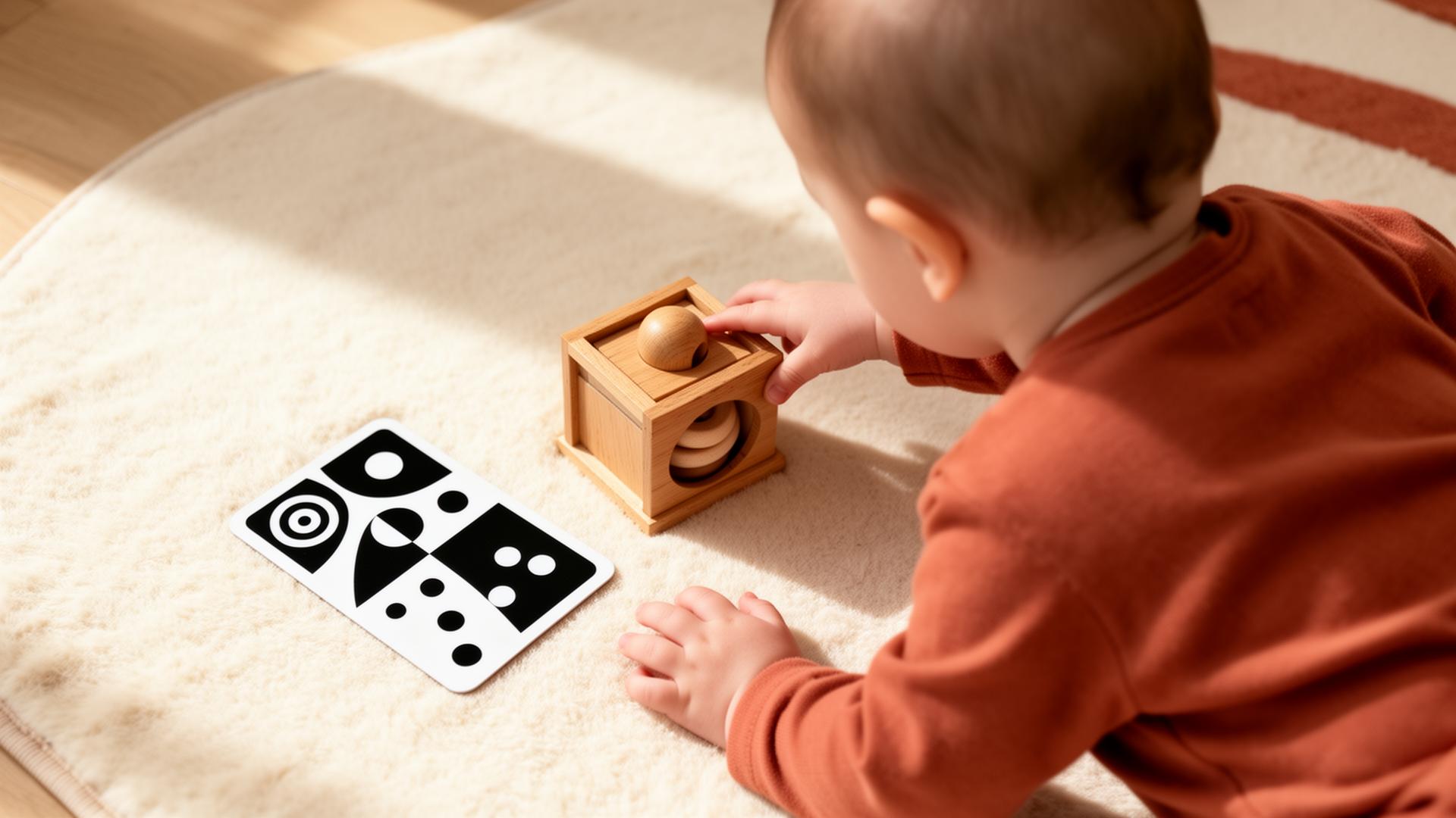 A baby reaching for a wooden Montessori toy beside a high-contrast sensory card